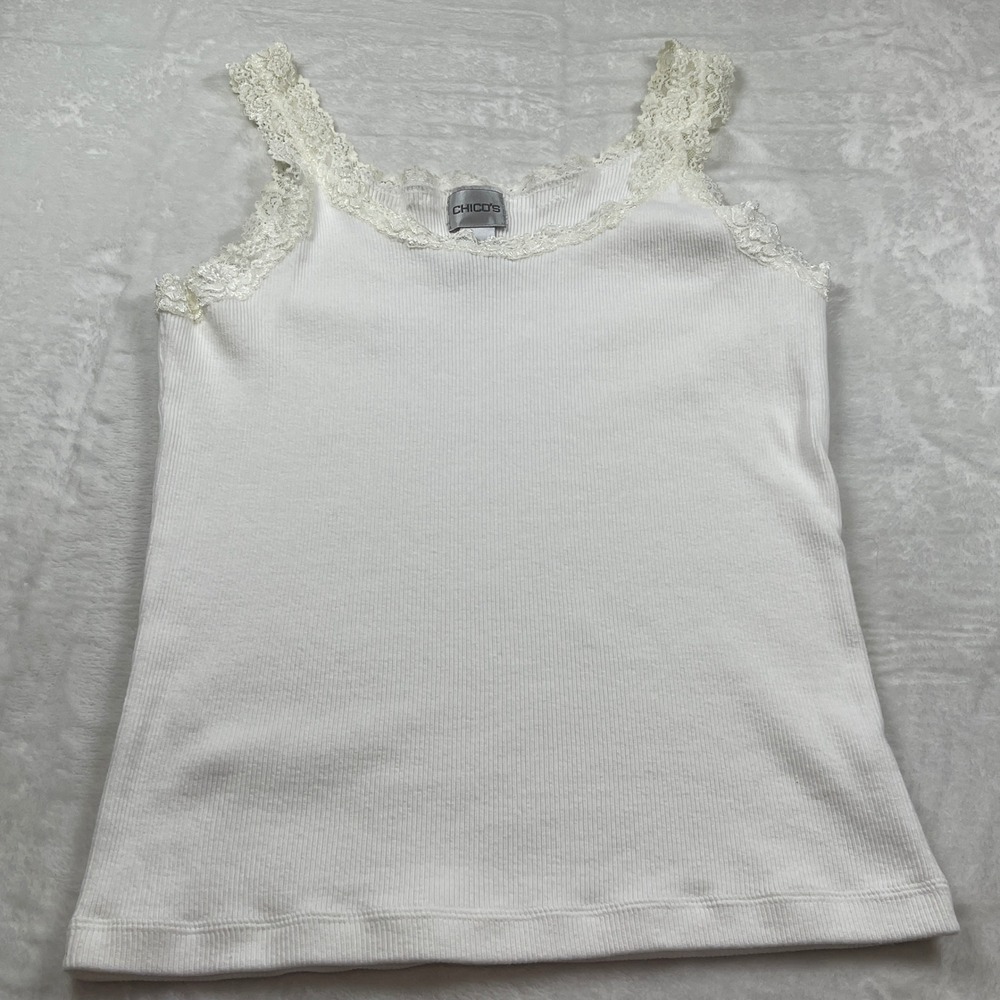 Chicos White Ribbed Lace Trim Tank Top Scoop Neck Cotton Stretch‎ Size 3 Large